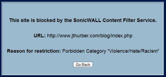 Photo of Sonicwall software indicating why I was blocked (Violence/Hate/Racism)